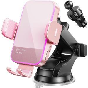 Wireless Car Charger,7 Colored LED Backlit 15W Auto Clamping Car Charger Phone Mount Holder fit for iPhone 14 13 12 Mini Pro Max 11 XR XS, Samsung Galaxy S23 Ultra S22 S21+ S10+ Note 20, etc - Pink
