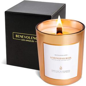 Benevolence LA Lemongrass & Basil Wood Wick Candles | Soy Candles, Black Candle for Home | Gifts for Women and Men | Home Fragrance | Aromatherapy | Shelf Decor, Bathroom Freshener | 8oz, 45 Hour Burn