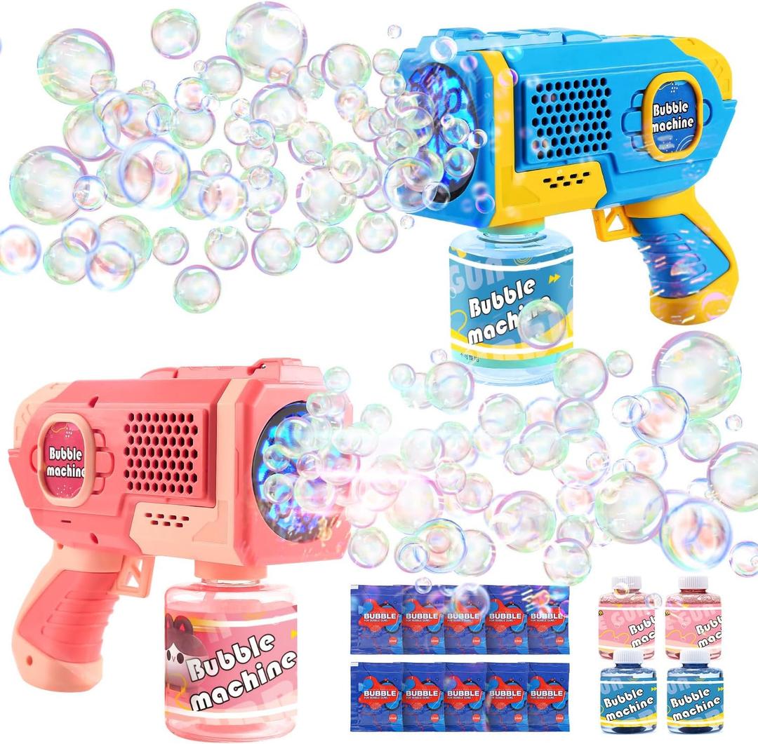 EagleStone 2 Pack Bubble Gun Machine for Kids, Automatic Light Up Bubble Blower with 4 Bottles 10 Bags Refill Solution, Bubble Guns Blaster for Toddlers, Outdoor Toys Gifts, Wedding Easter Party Favor (Pink, Blue)