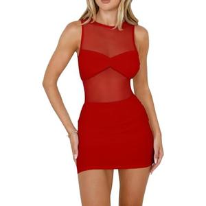 Memoriesea Women's Summer Mesh Sleeveless Boat Neck Bodycon Party Club Mini Dress Size,  Small