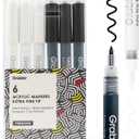 Grabie Black & White Extra Fine Tip Acrylic Paint Marker Set, 6 Pack, 0.7mm Acrylic Paint Pens for Highlights and Fine Details on Drawings, Rock Painting Glass Canvas Wood, White Highlight Markers