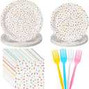 Newtay 96 Pcs Donut Plates and Napkins Party Supplies Include Sprinkles Paper Plates, 2 Ply Cocktail Napkins, Plastic Forks Disposable Tableware for Baby Shower Birthday Party Decorations for 24 Guest