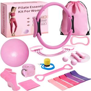17 Pcs Pilates Equipment,Pilates Set,Women at Home Pilates kit,Pink Pilates Ring and Ball Set Pilates Socks, Jump Rope,5 Resistance Bands Compact Toning and Fitness Essentials Starter Set Accessories