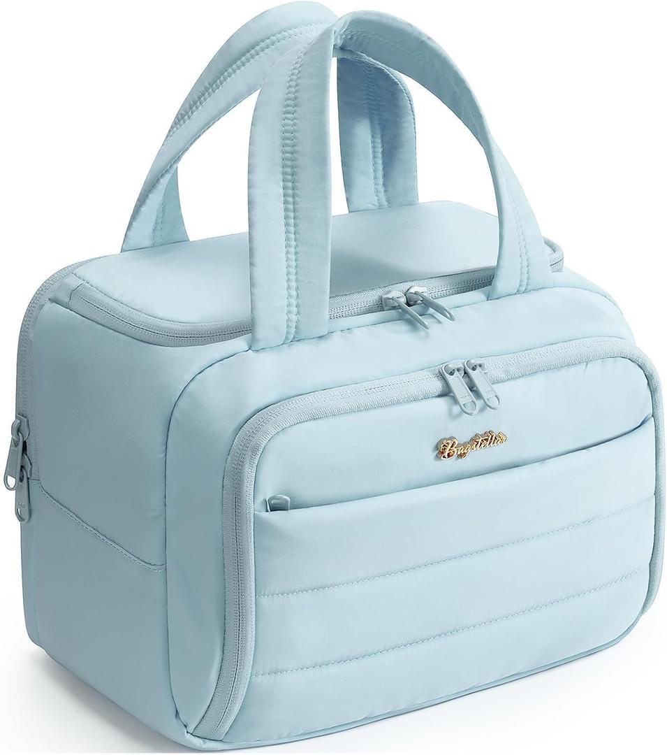 Bagstellar Travel Toiletry Bag for Women, Lightweight Large Quilted Puffy Makeup Bag Wide-open Make up Organizer Cloud Cosmetic Bag w/Handle for Traveling Toiletries Essentials Accessories Light Blue (EXP 09/23/33)