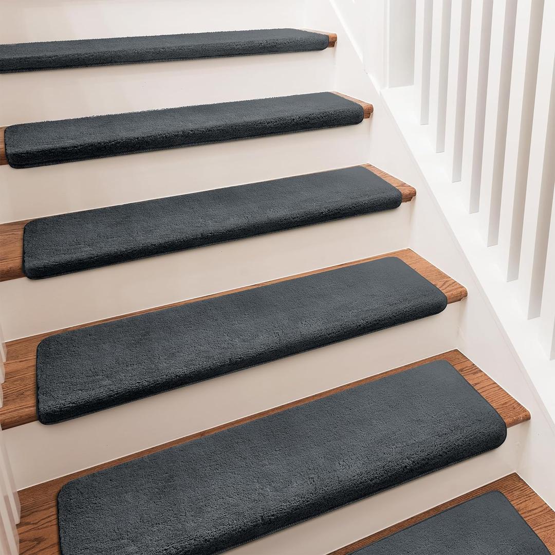 PURE ERA Carpet Stair Treads Ultra Plush 9.5" X 30"Soft Bullnose Indoor Stair Protectors Pet-Friendly Non-Slip Skid Resistant Tape Free Washable Reusable(14 Pieces, Dark Gray)