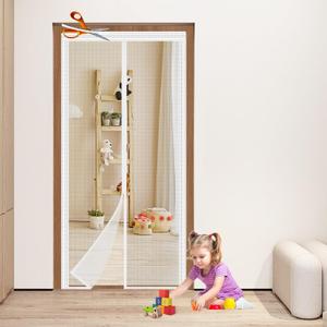 Adjustable White Fiberglass Door Curtain DIY Size Width 34" -39" Height 81" -84",Magnetic Screen Door with Reinforced Magnets Auto Closer, Keep Bugs Out, Pet and Kid Friendly