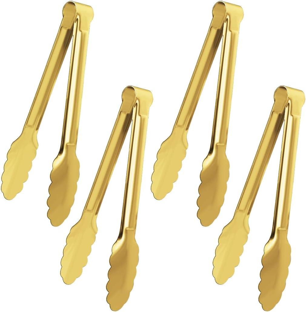 XEVOM Gold Buffet Tongs - 4 Pack, 9 Inch, Stainless Steel Gold Plated Serving Tongs