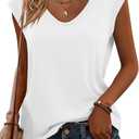 Womens Casual Tops V Neck Cap Sleeve T Shirt Loose Fit Summer Basic Tee for Spring Fashion, Vacation Beach Wear (White, XL)