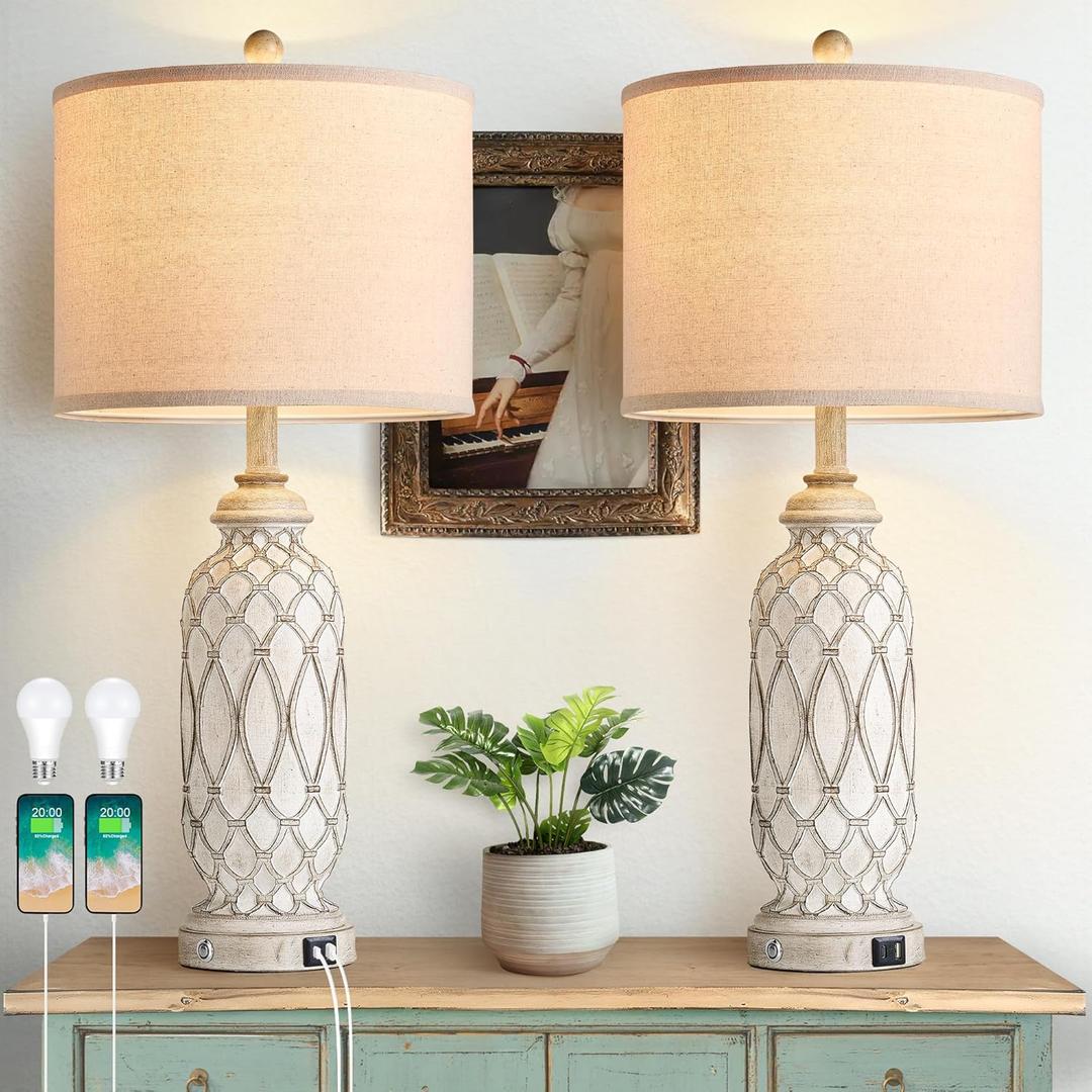 Ireliare 28" Table Lamps for Living Room Set of 2, Farmhouse Lamps for Bedroom with USB A+C Charging Ports, Touch Lamps for Nightstand, 2 Bulbs Included