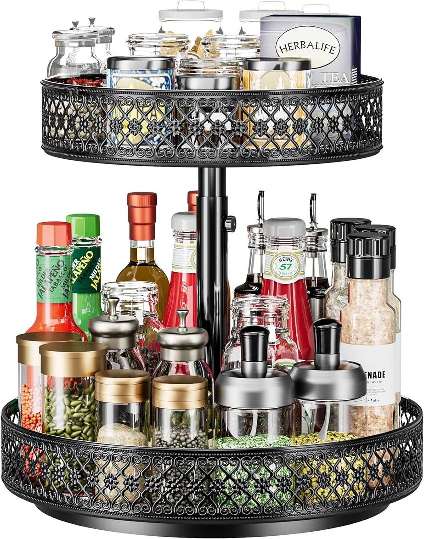 Lazy Susan Organizer 2 Tier - Turntable Spice Rack 12 inch Adjustable Metal Rotating Lazy Susan for Cabinet Pantry Kitchen Countertop Dining Table Cupboard Bathroom Vanity Storage Black