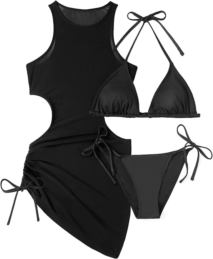 3 Piece Swimsuits Women Bikini Sets with Cover Up Halter Bathing Suit Set Sexy Cutout Coverup (Medium, Black)