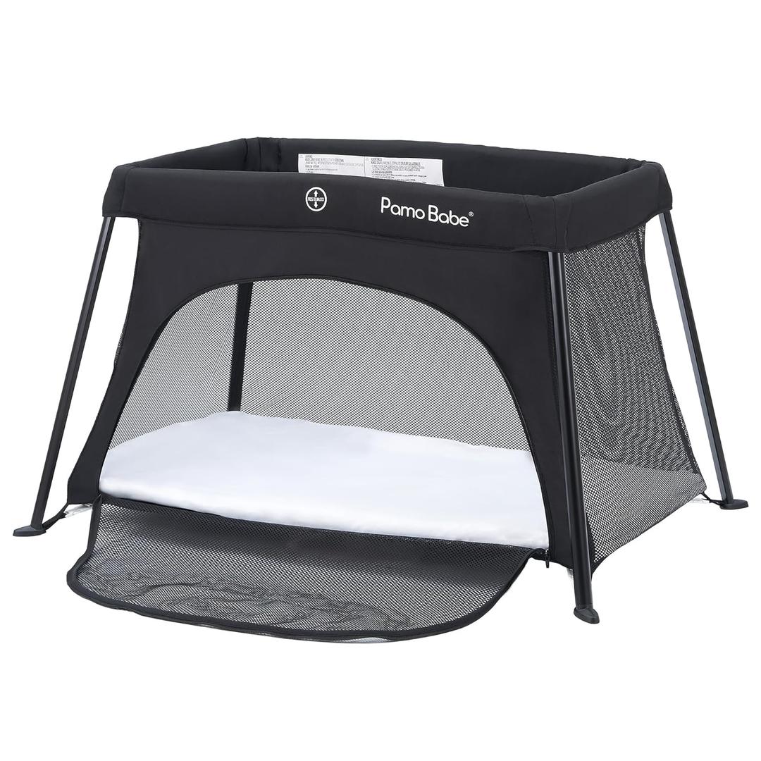 Pamo Babe Travel Crib - Lightweight Baby Playard with Zip Door, Carry Bag for Airplane - Easy to Carry (Black)