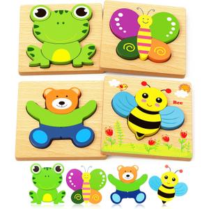 Bekayshad Wooden Puzzles Toddler Toys Gifts for 1 2 3 Year Old Boys Girls, 4 Pack Animal Jigsaw Puzzles Montessori Toys, Learning Educational Christmas Birthday Gifts for Girls Boys Ages 1-3