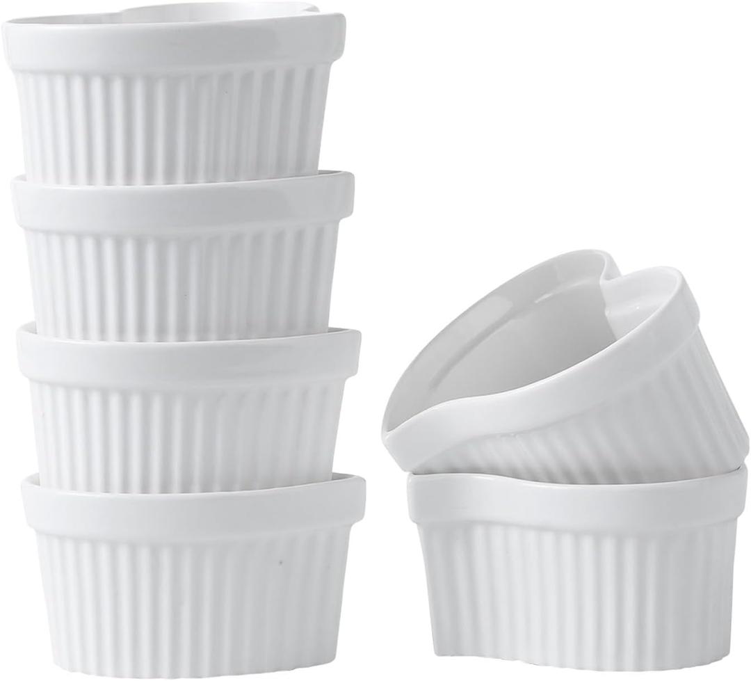 6PCS 8OZ Heart Shape Ramekins Ceramic Bowls, Ceramic Ramekins for Souffle, Dessert, Snacks, Brulee, Sauces, Porcelain Dishes Gift, Kitchen Supplies for Oven & Dishwasher Safe (White)