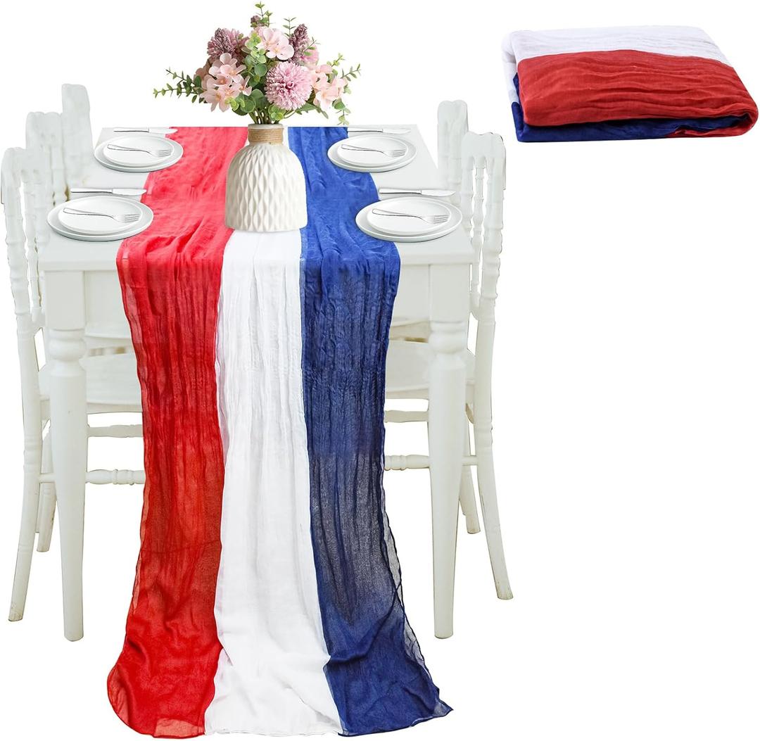 4th of July Cheesecloth Table Runner, Vintage Red White and Blue Table Runner for Memorial Day Labor Day Independence Day Veterans Day Patriotic Party Decoration for Kitchen Dining Room Indoor Outdoor