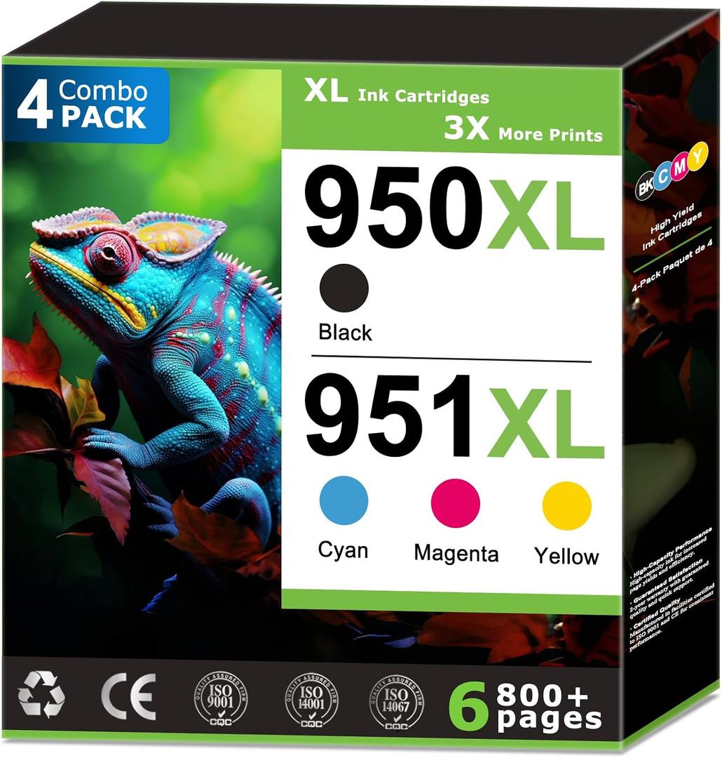 950XL 951XL Ink Cartridges Replacement for HP 950 951 Ink Cartridges Combo Pack Compatible with HP OfficeJet Pro 8100 8600 8610 8615 8620 Printer (4 Pack), 950 Black 951 Color, Updated With V17.2.1