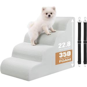 Dog Stairs for Bed Up to 24" H, Extra Height 22.8" 4-Step Pet Steps for Small Dogs and Cats, Non-Slip Sturdy Dog Ramp with Anti-Tip Safety Strap and Washable Cover,Balanced Ramp Indoor Pet Stairs Beige, 4-Steps