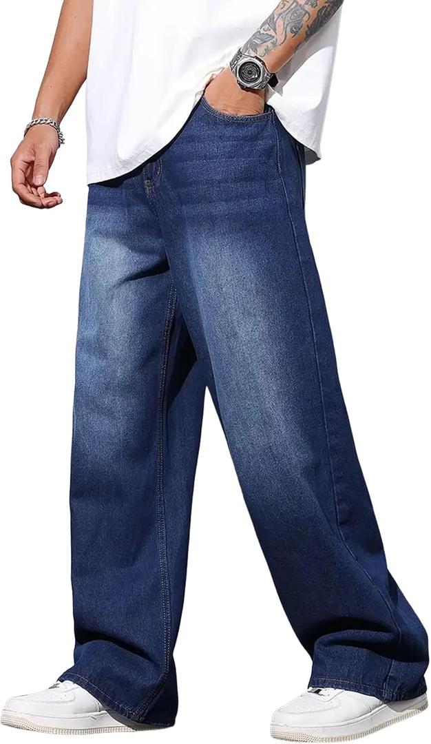 Men's Baggy Jeans Y2K Vintage Wide Leg Denim Pants Trousers | Hip Hop Loose Fit Skater Jeans 2000s Streetwear (Blue, S)