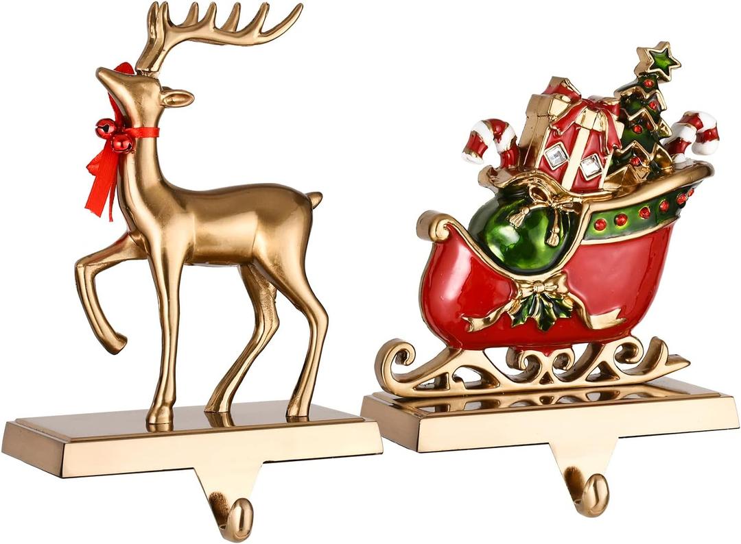 2-Pack Reindeer Christmas Stocking Holders for Mantel - Anti-Slip Reindeer and Santa Stand Hanger - Sturdy Metal Christmas Decorations (Antique Gold, 2)