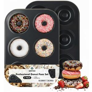 WERTIOO Donut Pans 2 Pack, Non-Stick 6-Cavity Mini Baking Pans, High-grade Carbon Steel Donut Mold - Bagels Doughnuts Biscuit Cake Baking Tray Maker Pan, Dishwasher, Oven, Freezer Safe