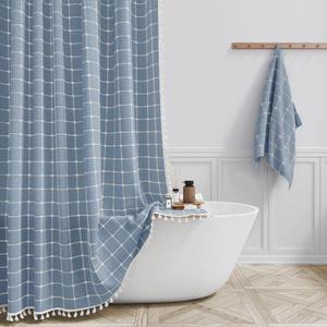BTTN Boho Farmhouse Shower Curtain - Linen Rustic Heavy Duty Fabric Shower Curtain Set with Tassel, Water Repellent, Bohemian Vintage Country Thick Cloth Shower Curtains for Bathroom - Blue - 72"x72"