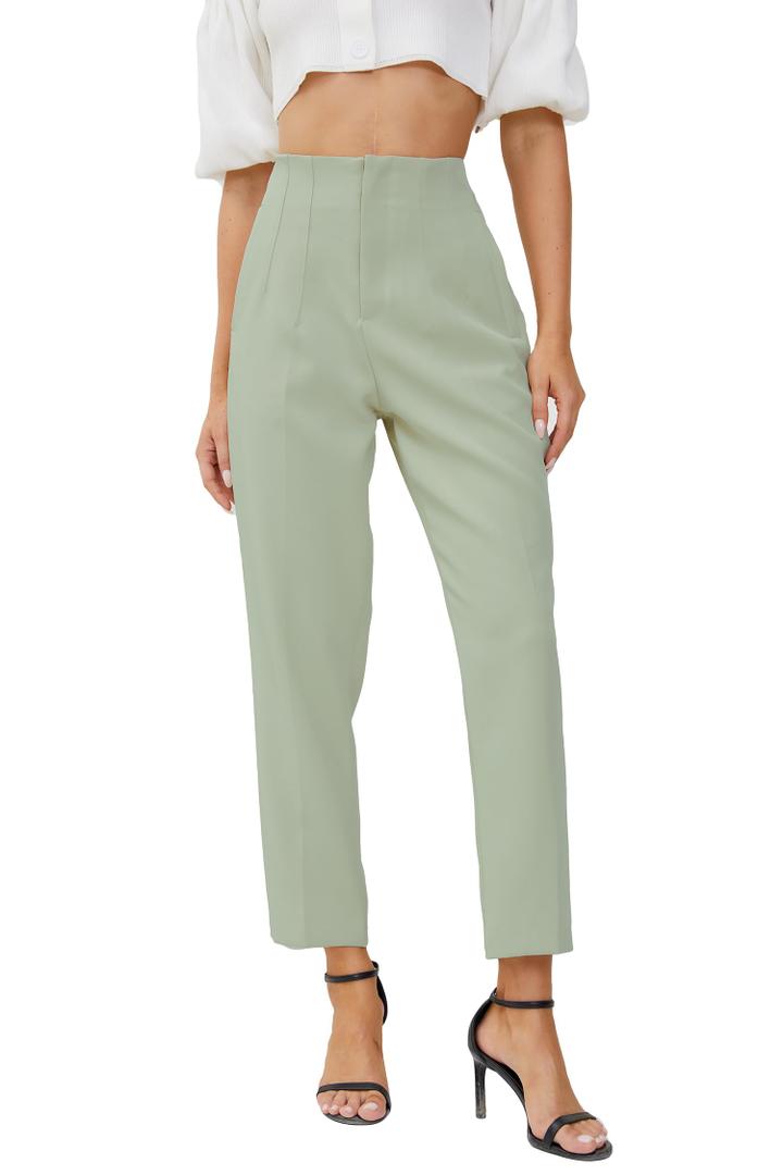 JEAAMKSSER Women's High Waisted Business Trousers Straight Leg Pleated Office Slacks Pants Light Green S