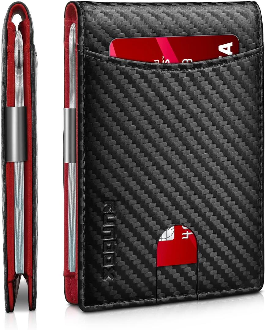 RUNBOX Slim Money Clip Wallets for Men RFID Blocking 11 Card Holder Minimalist Small Leather Bifold Men's Front Pocket Wallet Gift Box (Carbon Black n Red)