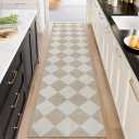 Beeiva Checkered Print Carpet Runners for Hallway 12ft, Beige Neutral Washable Long Hallway Runner Rug 2.5x12, Moroccan Gingham Diamond Carpet Ultra Thin Faux Wool Rug for Kitchen Decor