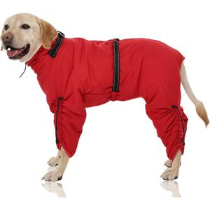 FUAMEY Full Body Dog Coat, Warm Dog Fleece Jackets with Harness Built in Windproof Dogs Snowsuit Zip up Pet Four Legged Pets Jumpsuit Winter Outfit Cold Weather Coats for Extra Large Dogs Red XXXL