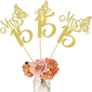 12 Pack Mis 15 Centerpiece Sticks, Happy 15th Birthday Party Decorations, Double Sided Gold Glitter Hello 15 Fabulous Table Toppers, Cheers to 15 Years Old Birthday Anniversary Party Decorations