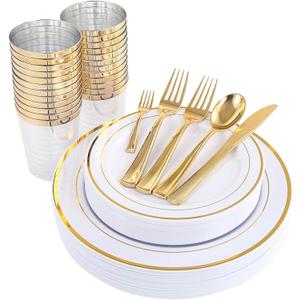 WDF 25 Guest Gold Plastic Plates - Heavy Duty Plastic Plates Dinnerware - Include 25 Dinner Plate 25 Salad Plates 50 Forks 25 Knives 25 Spoons 25 Cups 25 Mini Forks for Wedding Birthday Valentines Day