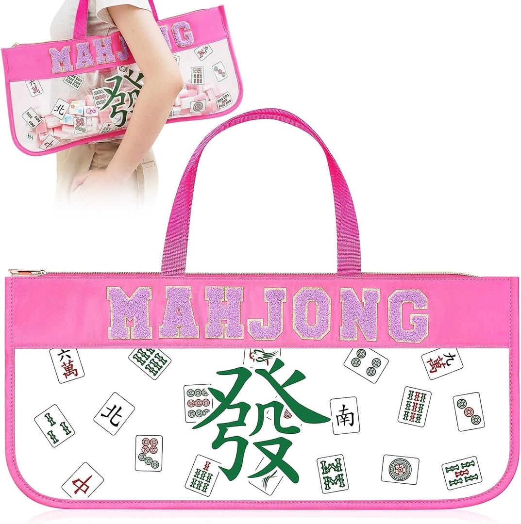 1 Pcs Mahjong Tile Bag Empty, 20.9 x 9.45 Inch Pink PVC Clear American Mahjong Bag for Tiles and Racks, with Handles, Zippered and Letters, Card Holder Storage for Game Lover Gift Travel, Case Only