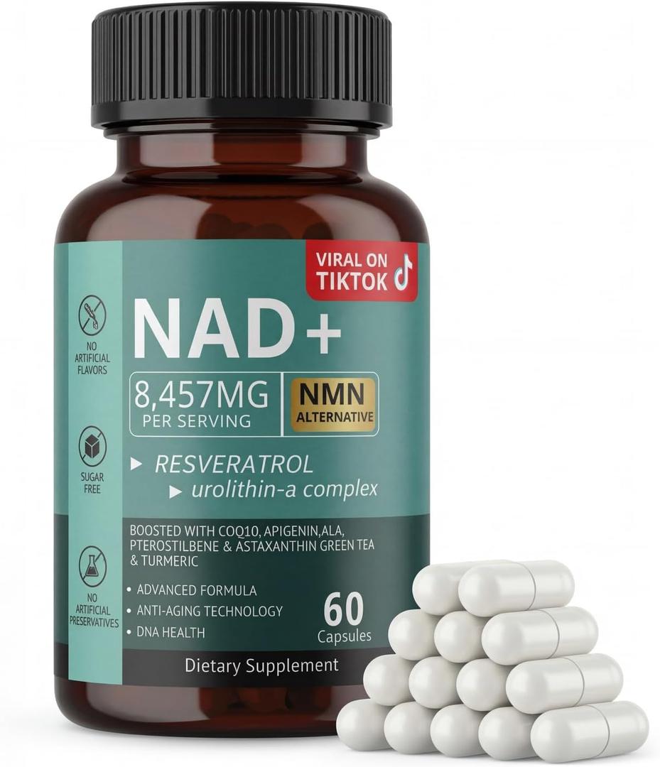 NAD Supplement with Resveratrol, NMN Supplement Alternative, NAD Plus Nicotinamide Riboside, Quercetin, CoQ10 for Support Cellular Energy & Vitality, Healthy Aging for Women & Men- 60 Capsules (EXP 01/17/28)