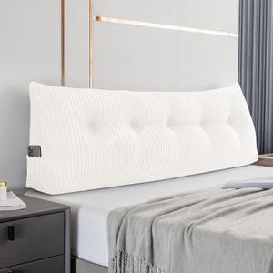 Large Triangular Headboard Wedge Bed Rest Reading Pillow Backrest Positioning Support Bolster Cushion with Removable Cover (White, Queen: 59x8x20 Inches)
