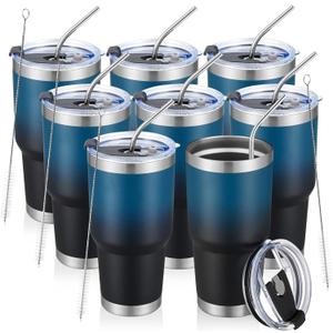 30 oz Insulated Travel Coffee Mug With Lids and Straws, Durable Powder Coated Stainless Steel Double Vacuum Coffee Tumbler Cup, for Cold & Hot Drinks, Office,party cups (Navy black, 8pcs)