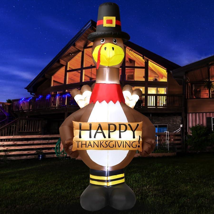 12FT Giant Blow Up Thanksgiving Inflatable Turkey Outdoor Decorations with LED Lighted，Metal Floor Insert，Autumn Pilgrim Hat Feature - Perfect for Festive Home Display, Yard, Lawn & Garden Decor