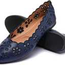 FRACORA Women's Ballet Flats Black PU Leather Dress Shoes Comfortable Round Toe Slip on Flats with Breathable Eyelets (9.5, Navy)