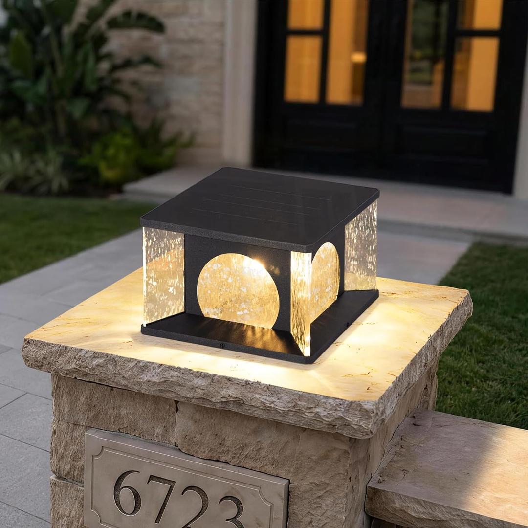 Large Solar Post Lights Outdoor, 11.8" Glass Column Lights Outside, Post Lights Solar Powered, Modern Pillar Light Waterproof, Dusk to Dawn Lantern Column Lamp for Patio Gate Driveway Pathway