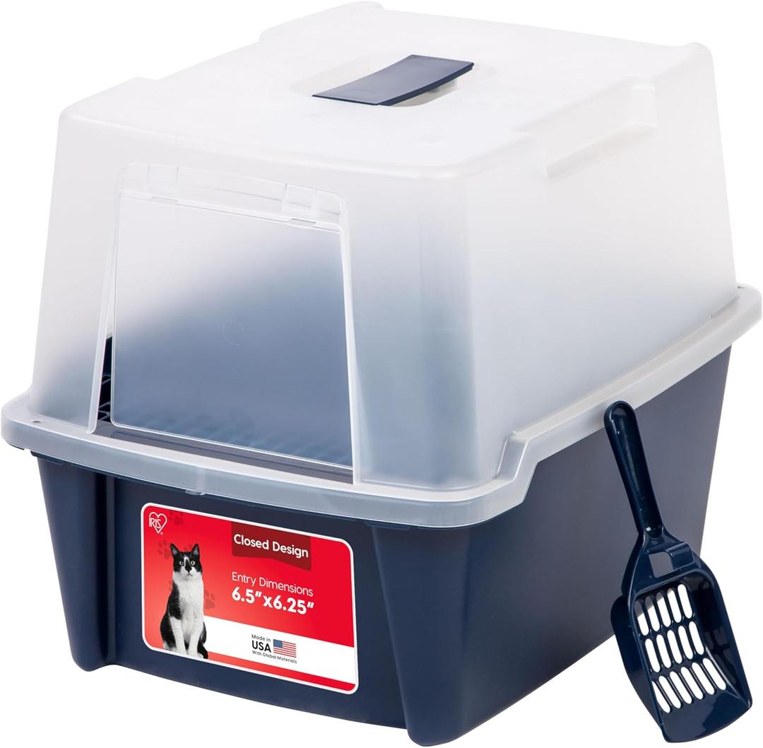 IRIS USA Cat Litter Box, Litter Box Enclosure with Scoop and Front Door Flap, Covered Kitty Litter Box for Privacy, Portable, Easy to Clean, Navy (1 Count (Pack of 1))