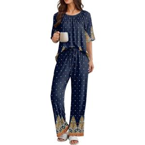 Ekouaer Pajamas for Women Set Short Sleeve Printe Lounge Sets Soft Pjs Round Neck Loungewear with Pockets (X-Large, Navy Blue Feather)