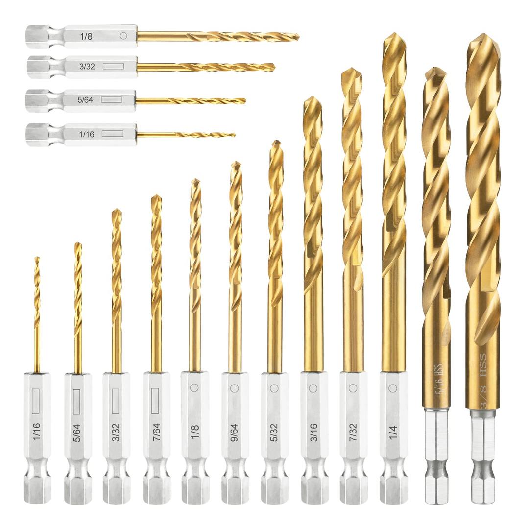 amoolo Hex Shank Drill Bit Set, 16pcs Titanium HSS Twist Impact Drill Bit Set for Metal, Steel, Wood, Plastic, Quick Change Design (1/16-3/8)