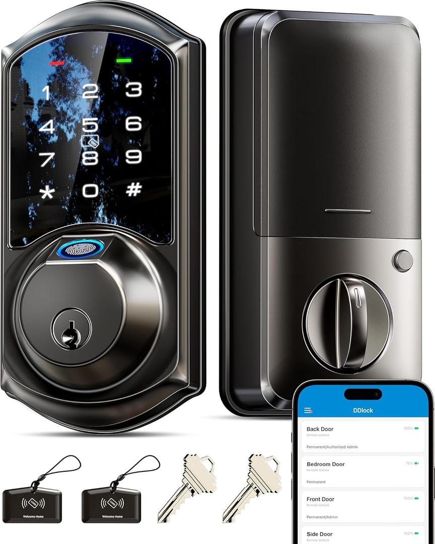 Veise VE07 Fingerprint Smart Door Lock, 7-in-1 Keyless Entry Deadbolt with App Control, Electronic Digital Touchscreen Keypad, Biometric Smart Locks for Front Door, Auto Lock, Matte Black