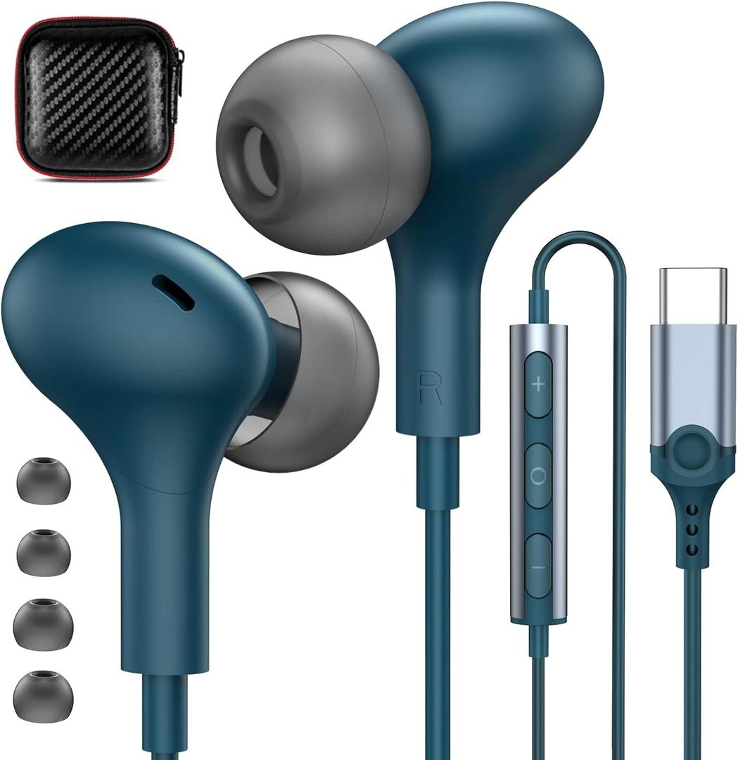 USB C Headphones for iPhone 17/16/15/Samsung S26/S25/S24 Wired Earbuds with Microphone for Galaxy S23 S22 S21 S20 Magnetic Noise Canceling in-Ear Type C Earphones for iPad 10th/Pixel 9 8 7a, LakeBlue