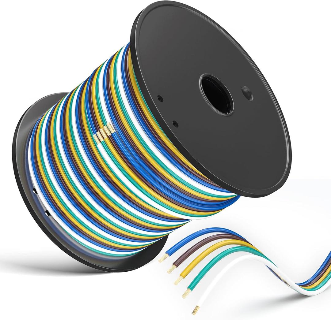 LIMICAR 100FT 5-Way Trailer Wiring Harness Kit, 18 Gauge Bonded Wire for Boat Trailer, RV & Camper  Color-Coded, Electric Brake Compatible (Green, Yellow, Brown, Blue, White)