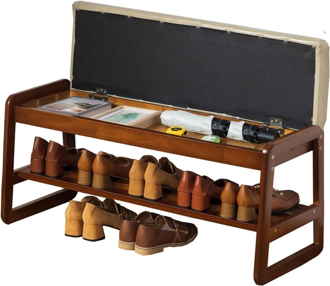 latifolia Solid Wood Bench, Entryway Shoe Bench with Cushion, Flip-Open Storage Compartment, 2-Tier Shoe Organizer(Grey,39.70''L), 39.37''l