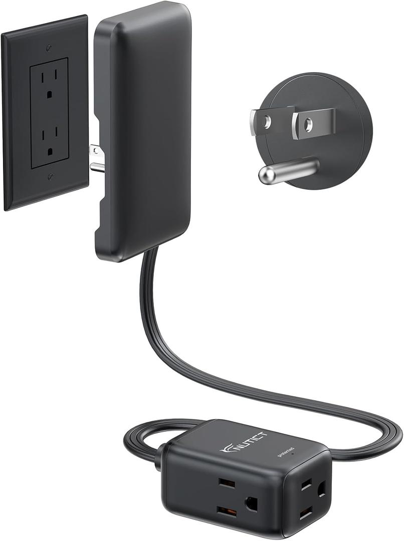 NUTICT 1.5FT Short Flat Extension Cord with 3 Outlets, Flat Wall Plug & Ultra-Thin Outlet Cover, 900J Surge Protection, 13A/1625W, ETL Listed, Black Outlet Extender Plug Behind TV, Couch, Furniture