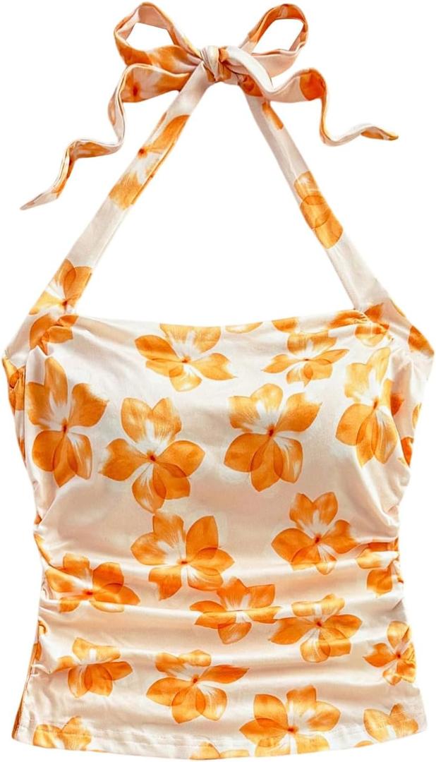 SOLY HUX Women's Floral Print Halter Neck Crop Tops Tie Backless Fitted Tank Shirts Summer Vacation Clothes, S