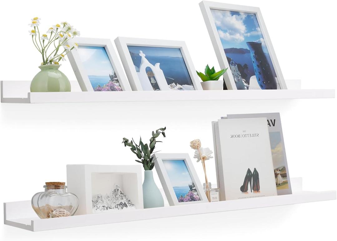 White Floating Shelves for Wall, Wooden Wall Mount Bathroom Shelves with Lip for Bedroom, 48 Inch Farmhouse Picture Ledge Shelf, Hanging Photo Shelves for Living Room Kitchen(White, 2 Pack, 48 Inch)