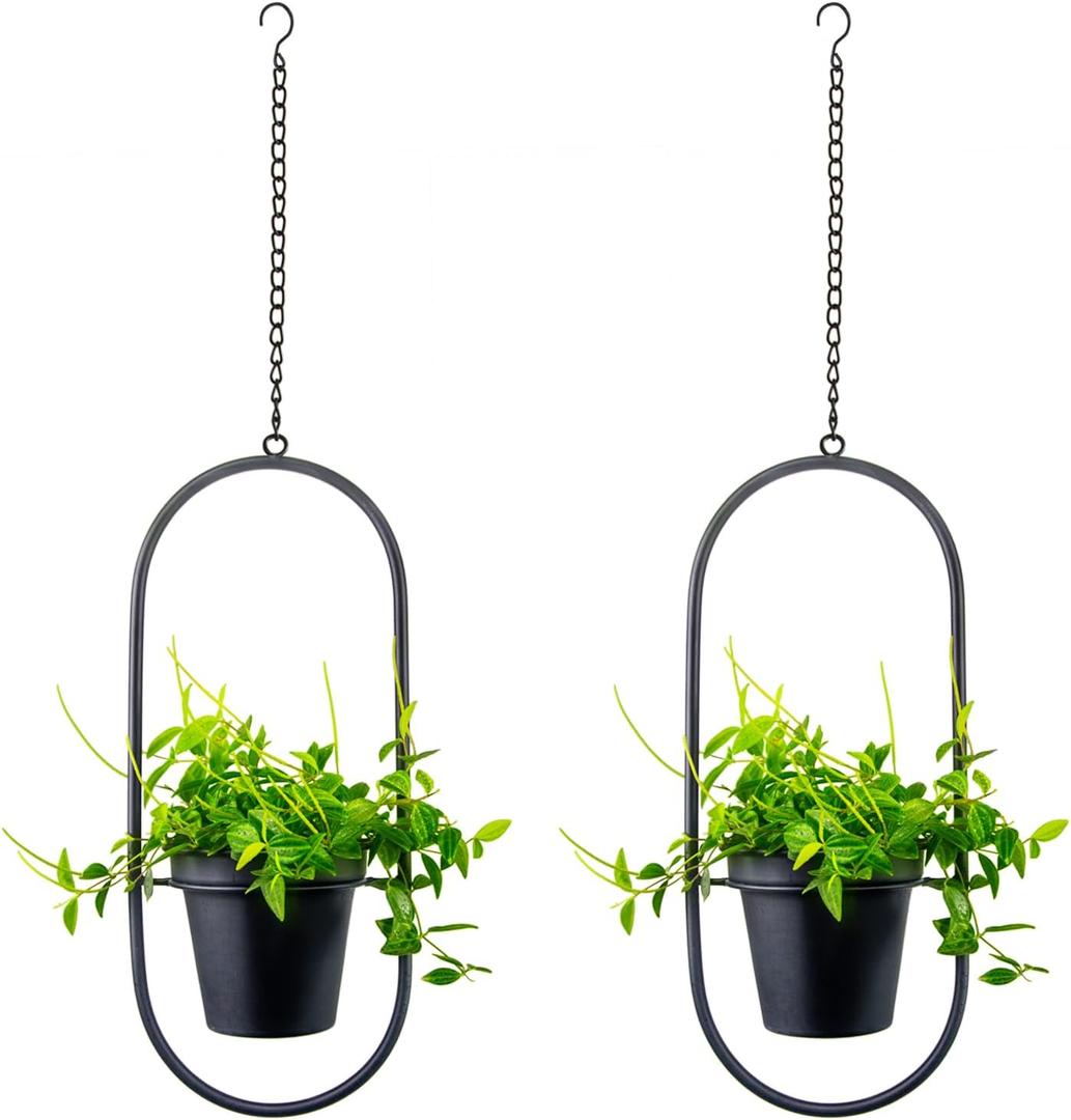 Modern Metal Hanging Planters with 5 Inch Pots - Set of 2 Oval Geometric Plant Hangers - Black Wall and Ceiling Mount Flower Holders for Indoor and Covered Outdoor Houseplants