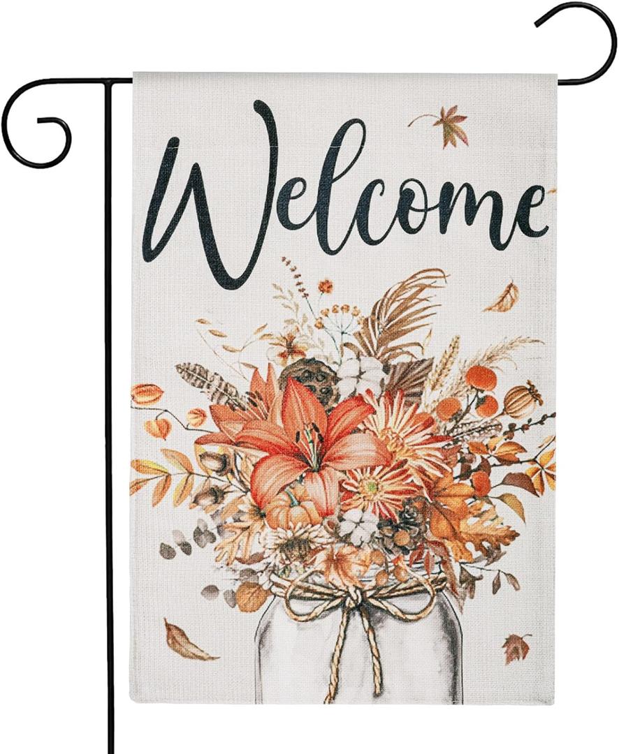 Fall Garden Flags 12x18 Inch Double Sided Autumn Floral Mason Jar Flag for Yard Outdoor Farmhouse Welcome Burlap Flowers Autumn Holiday Thanksgiving Decoration